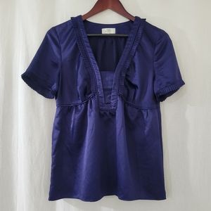 LOFT Blue Satin Short Sleeve Pleated Blouse Women's Size 8